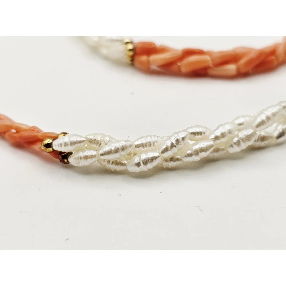 3 Strand Twisted White Rice Pearls/ Coral‎ Necklace With Gold Colored Beads 24